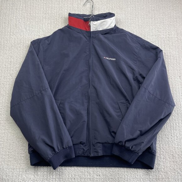 Tommy Hilfiger Jacket Men L Blue Yacht Sailing Full Zip Collared Hidden Hood - Picture 1 of 16